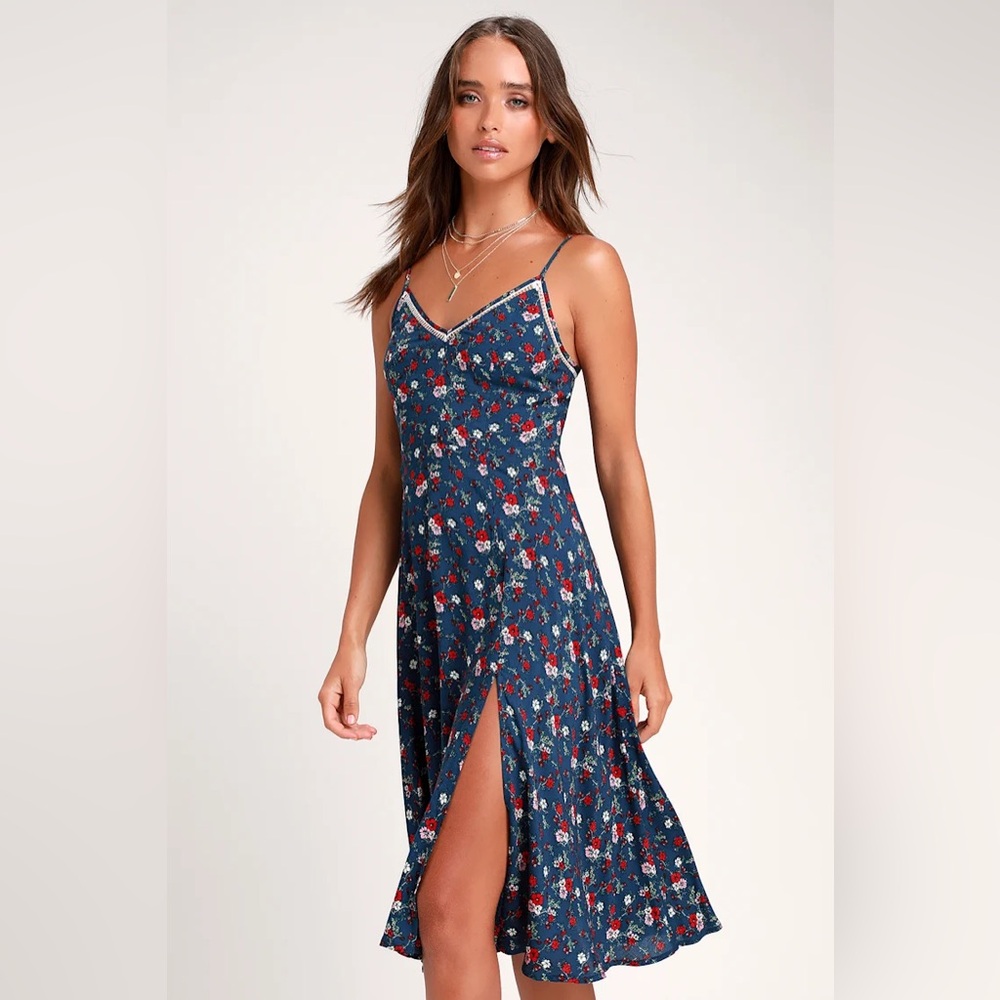 Lulus Esperanza Navy Blue Floral Print Midi Dress size SMALL